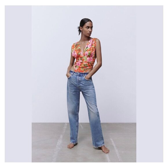 NWT Zara Floral Draped V-Neck Wide Straps SnapBodysuit Red Pink Green Sz S - Picture 1 of 12